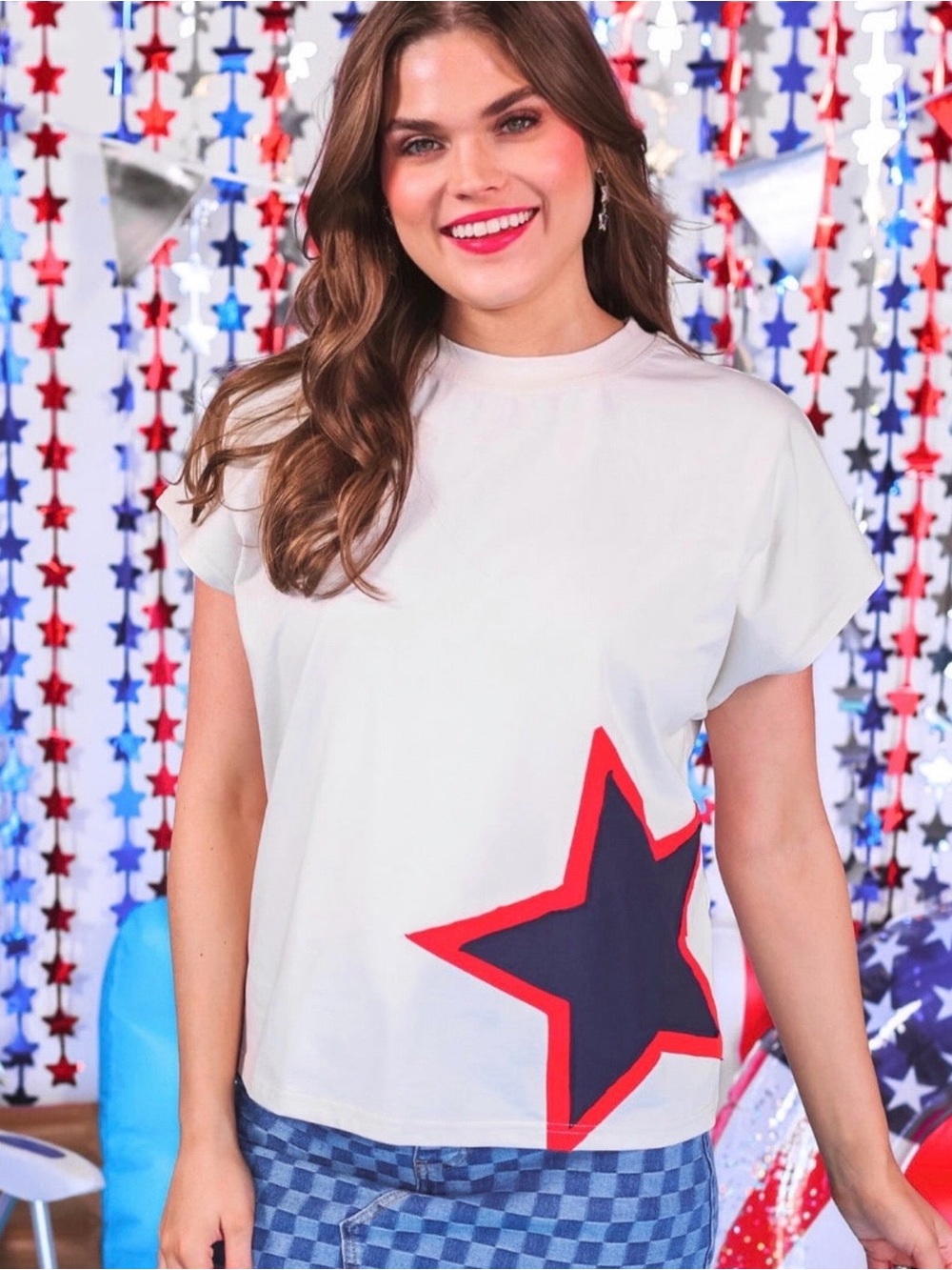 White Tee with Red & Navy Star Accent - Picture 2 of 2